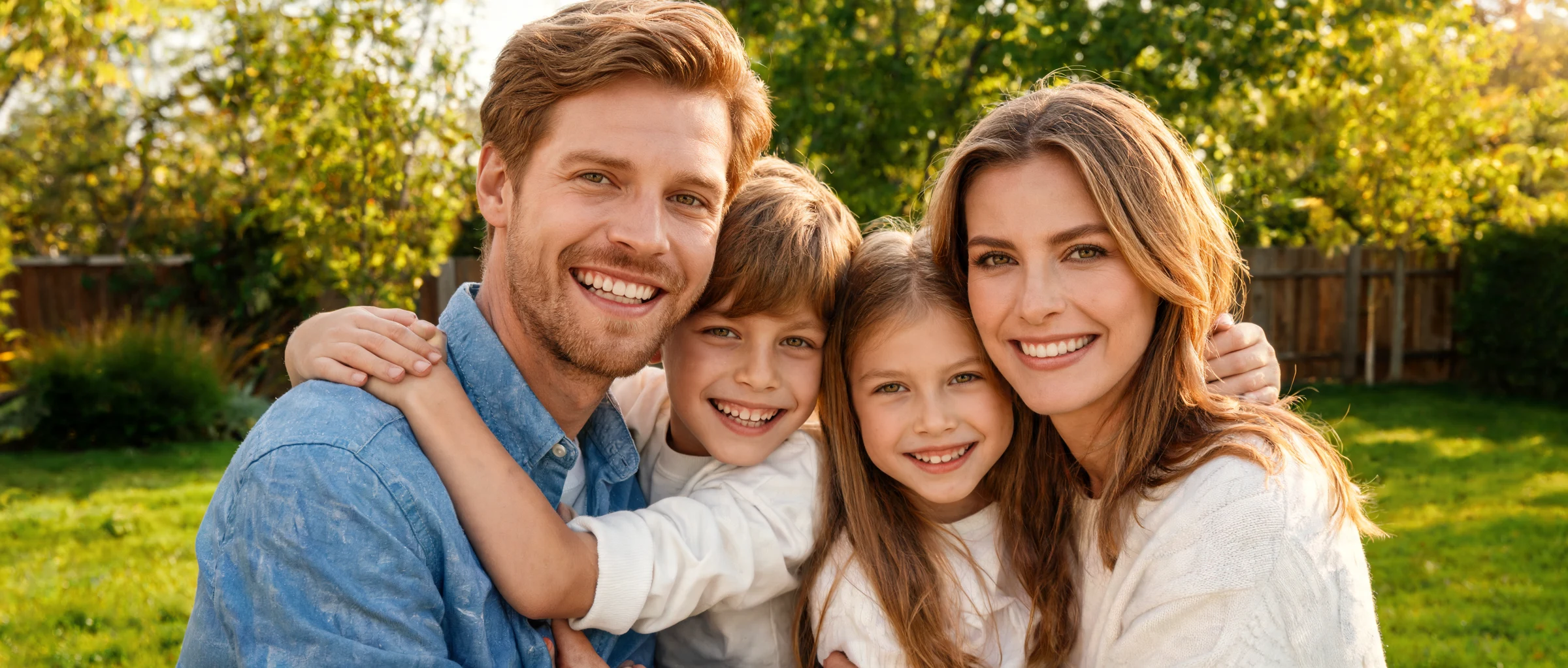 Una familia con sus dos hijos, sonriendo juntos en un jardín.